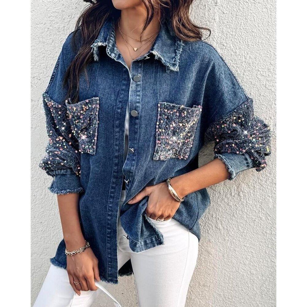 Women's Casual Denim Jacket Contrast Sequin Long Sleeve Denim Jackets Blue - Picture 3 of 7